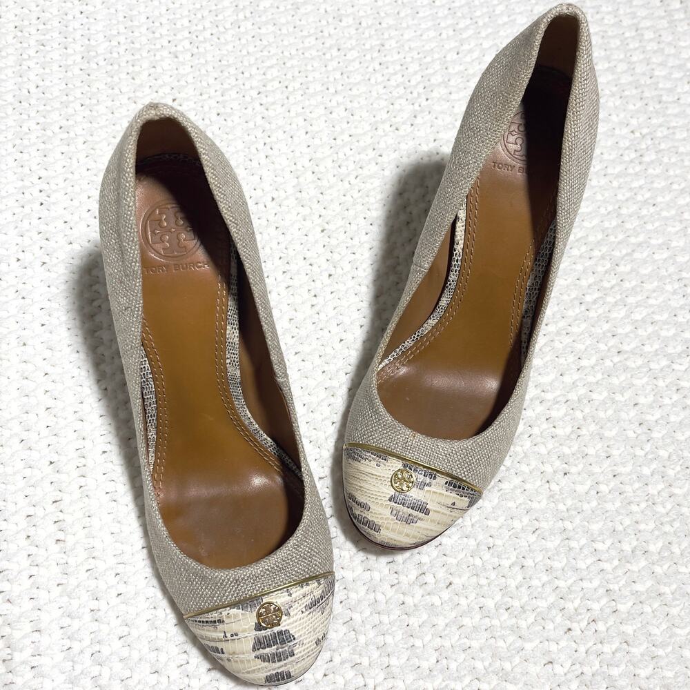Tory Burch SZ 7 Beige Canvas Block Heel - Picture 1 of 10